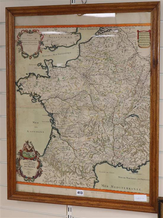 S. Sanson, Carte Particuliere des Postes de France, Chez Jailott and dated 1693, hand coloured engraving, 73 x 58.5cm